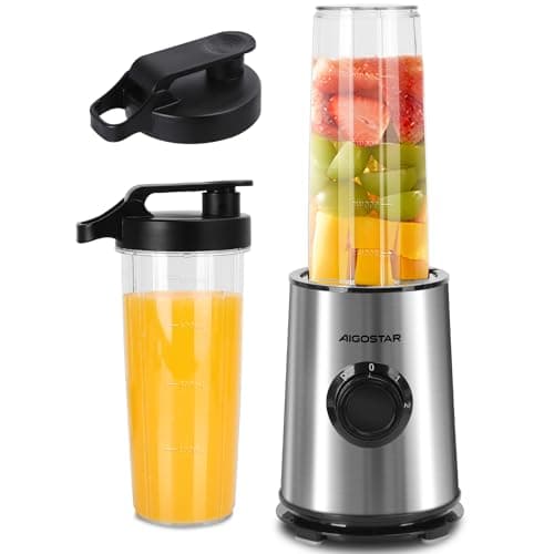 Aigostar Batidora de vaso con dos vasos portátiles de 800ml, 600W potencia. Batidora con vasos de Tritán, libres de BPA, con diseño de acero inoxidable. Perfecta para zumos, batidos y smoothies.
