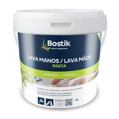 BOSTIK PASTA LAVA MANOS Beige Amarillento, Jabón Mecánico, Uso Profesional, con Microgránulos, Alto Poder de Limpieza, no Daña la Piel, no Atasca, Elimina la Suciedad, Agradable Olor Limón, Bote 4 l