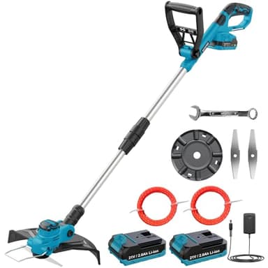 Desbrozadora Bateria 21V, KUZUPRO Cortabordes Bateria Brushless con 2 Baterías 2.0Ah, 2 Cuchillas, Mango Ajustable, 2 Bobina de Hilo de 5m, Tubo Telescópico, Cabezal Pivotante 90° para Jardín Poda