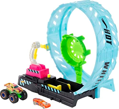 Hot Wheels Monster Trucks Glow Reto looping Extremo Pista de Coches de Juguete, Incluye 1 vehículo (Mattel HBN02)