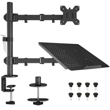 BONTEC Soporte Monitor y Portatil para Pantallas de LED LCD de 13-27 Pulgadas y Ordenador Portátil hasta 17 Pulgadas, Soporte de Monitor con Bandeja con Inclinable y Giratorio, MAX VESA 75/100mm