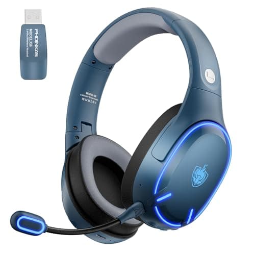 PHOINIKAS Cascos Gaming Inalámbricos para PC/PS5/PS4, Auriculares Gaming Inalámbricos de 2,4GHz USB Wireless+Bluetooth 5.3, Baja Latencia Calidad de Sonido 7.1 sin Pérdidas, 30+ Horas, Luz LED