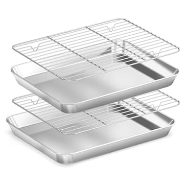 Fire More Juego de Bandeja para horno acero inoxidable con rejilla de enfriamiento,(2 bandejas para hornear, 2 rejillas de enfriamiento),no tóxicas,acabado espejado(26,5x20,5x2,5cm）