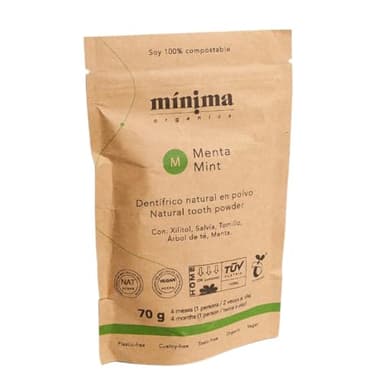 Mínima Organics Pasta de Dientes en Polvo Natural, Blanqueadora, Sin Flúor, Menta, Bio, Antimanchas, Aliento Fresco, Bolsa Compostable de 70 g