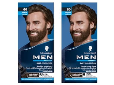 Schwarzkopf Men Perfect - Coloración para barba 60, color marrón natural, nivel 2 (2 x 30 ml), tinte para barba para ocultar las canas para un resultado natural, aplicación rápida