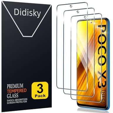 Didisky 3-Unidades Cristal Templado Protector de Pantalla para Xiaomi Poco X3, Poco X3 Pro, Poco X3 NFC 6.67", Antihuellas, Sin Burbujas, Fácil de Limpiar, 9H Dureza,Transparente