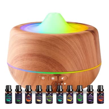 INXDOLHOM Difusor de aromaterapia con Juego de 10 aceites Esenciales, ambientador ultrasónico de 500 ml, difusor de aceites Esenciales, quemadores de aceites Esenciales con luz LED de 7 Colores