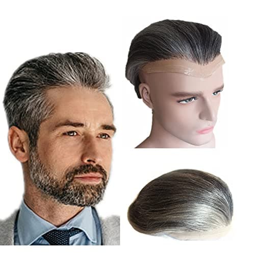 NLW Protesis Capilar Hombre Encaje Francés peluca europea de pelo real piel fina pelo humano natural tupé base de densidad media 8 * 10 pulgadas (gris y blanco)