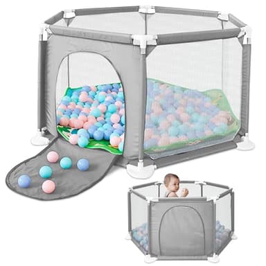 JUPPLIES Parque Infantil Bebe 127x127cm Hexagonal – Corralito Bebe con Malla Transpirable – Parque de Juegos Bebe Plegable con Puerta Lateral – Playpen Bebe sin Pelotas