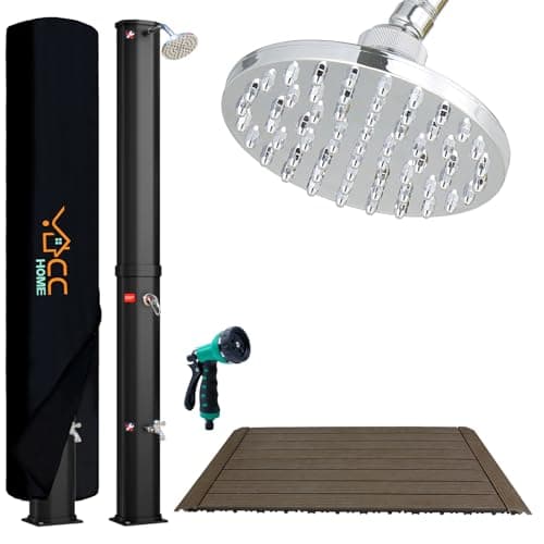 CCLIFE Ducha de Jardín Solar con Suelo de WPC de 35 litros con Agua Caliente, Piscina de Exterior, con Cabeza de Ducha y Grifo, Temperatura de hasta 60° C