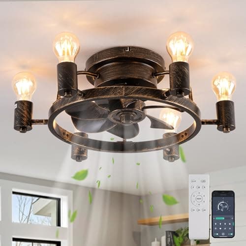 Ganeed Ventiladores de techo con luces y control remoto empotrado de perfil bajo de 52 cm Lámparas de ventilador industrial rústico E27 para dormitorio cocina negro 6 luces