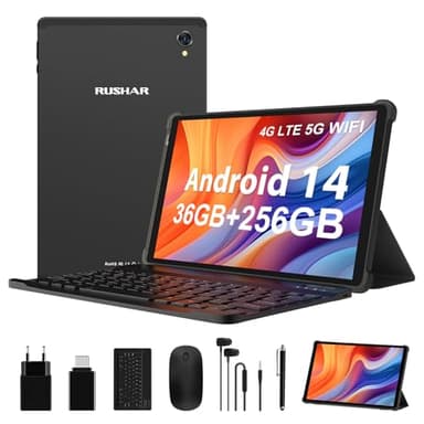 RUSHAR Tablet 10.4 Pulgadas Android 14 con 36GB RAM+256GB ROM (2TB TF),Tablet 4G LTE+5G WiFi,Octa-Core 2.0GHz,INCELL 2000 * 1200,8000mAh,13MP+8MP,Tablet con Teclado etc,GPS/Bluetooth,Negro
