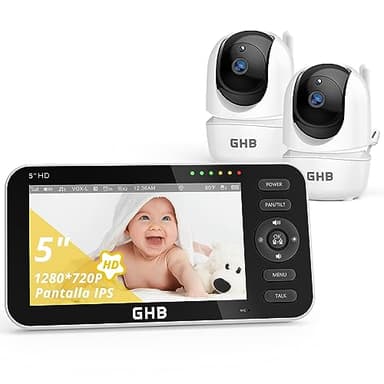 GHB Camara Vigilancia Bebe con 5" HD Pantalla Vigilabebés con 2 Cámaras Batería de 4000mAh Soporta 4 Cámaras, Pantalla Dividida, 4×Zoom, Visión Nocturna, Comunicación Bidirecciona Escucha Bebes