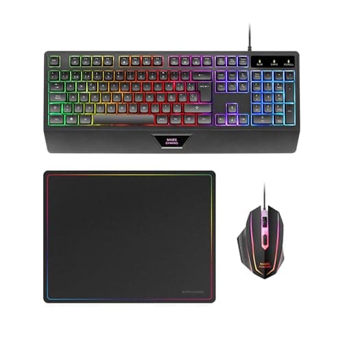 Mars Gaming MCP124, Combo Gaming 3en1, Teclado Ergonómico H-Mech LED RGB, Ratón RGB 3200DPI Switches HUANO, Alfombrilla Nanotextil 360x260mm, Compatibilidad Multiplataforma, Layout Portugués, Negro