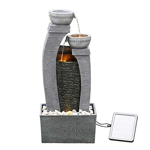 Teamson Home Fuente de Agua Alimentada por Energía Solar con Luces para Jardín y Exteriores, Fuente de Agua en Cascada, Gris Pizarra, Decoración de Interior y Respaldo de Batería