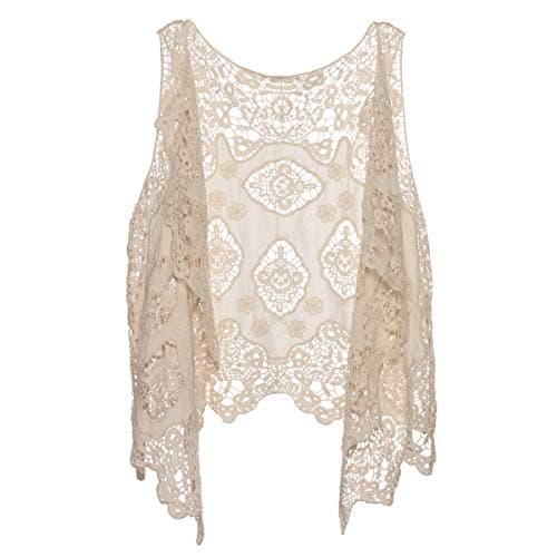 Berax Chaleco de verano para mujer de estilo hippie, chaleco de ganchillo calado con corte irregular y encaje, estilo bohemio, sin mangas, cárdigan, chaleco corto, beige, talla única