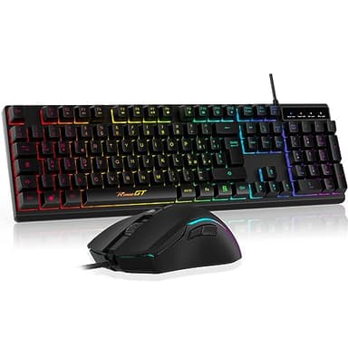 Combo Teclado y Ratón con Cable, RaceGT Ratón y Teclado Gaming Iluminación LED RGB, Silencioso, Layout Español con Teclado numérico para Ordenador, Ordenador portátil, PC, Windows/MacOS/Linux-Negro