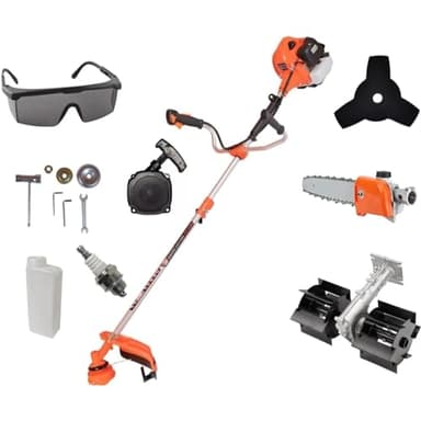 KNakasaki | Desbrozadora Gasolina Profesional Multifunción, con Accesorios, 65CC Motor 2 Tiempos (Correa para Hombro, Cuchilla de 3 Dientes, Carrete, Sistema antivibración y Motosierra Universal)