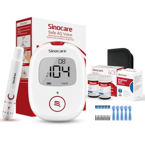 Sinocare Kit Medidor Glucosa en Sangre, Glucómetro, 25 x Tiras de Prueba y Dispositivo Punción - mg/dL(Safe AQ Voice)