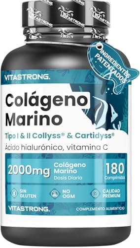 COLAGENO MARINO 2000mg PATENTADO - Tipo 1&2 Collyss® & Cartidyss® - 180 Tabletas - Colageno Hidrolizado Puro con Vitamina C - Fórmula Eficaz - Vitastrong