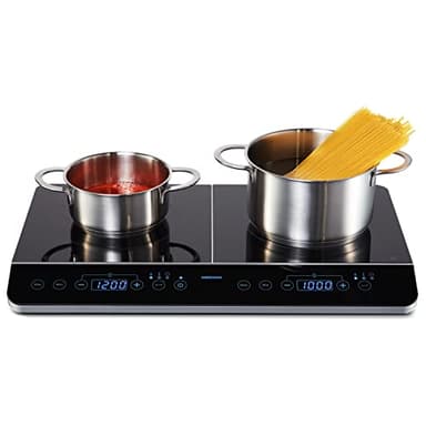 MEDION Placa de inducción doble con dos placas de cocción, 3500 vatios, 10 ajustes de temperatura, pantalla LED, MD 15324, negro