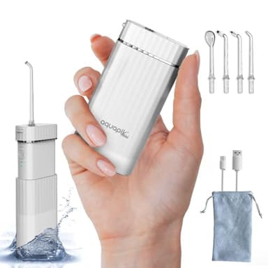 Aquapik® Mini Irrigador Dental Portátil | Elimina la Placa + Recomendado por dentistas + Cuida tus Implantes y Ortodoncia | 4 Boquillas + 3 Modos de Uso + Recargable USB-C | Ideal para Viaje y Oficina