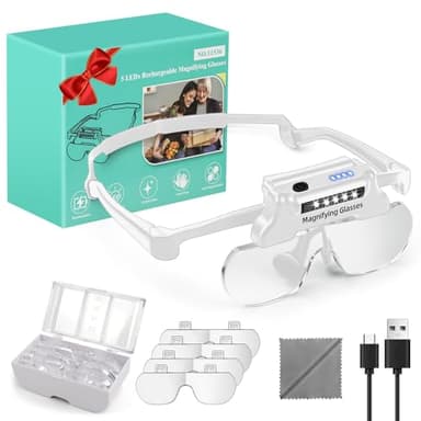NZQXJXZ Lupa con luz, Gafas Lupa de Cabeza Recargable Leds de Brillo Ajustable para Trabajo de Cerca Lentes Intercambiables 1.5X 2.5X 3.5X 5X para Lupa de joyero, Artes y oficios, Hobby