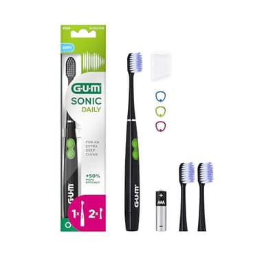 GUM SONIC DAILY Cepillo de dientes eléctrico sónico con pilas | Para una limpieza suave y profunda | 1 cepillo de dientes, 2 cabezales de cepillo de repuesto, 1 pila AAA (Negro)