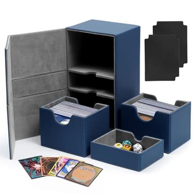 QCXWCJWD Caja de Cartas para 200+ PTCG YGO Cartas sin Fundas, Card Deck Box para MTG Commander con 2 Card Dividers y Bandeja para Dados, Caja de Baraja Magnética para Protección Cartas (Azul)