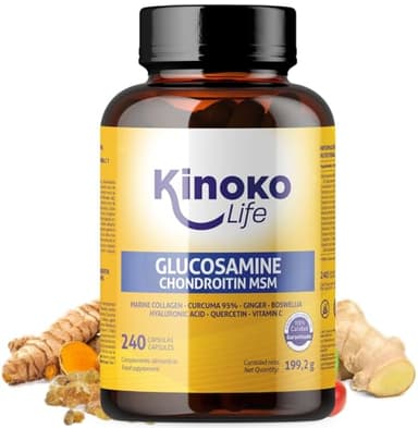 Glucosamina y Condroitina - 240 Cápsulas con MSM, Colágeno Marino, Ácido Hialurónico, Curcuma, Pimienta Negra, Jengibre, Boswellia y Quercetina. Para Articulaciones, Cartílagos y Huesos