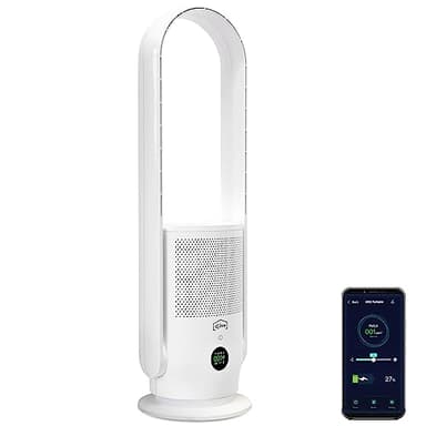 djive ARC Portable Ventilador y Purificador de Aire Silencioso de 29dB con Batería, Ventilador de Columna Oscilante Ideal para Casa y Camper, Compatible con Alexa y App, Blanco