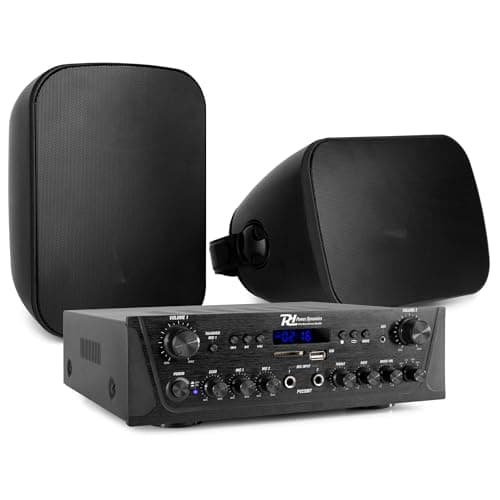 Power Dynamics - Pack de Sonido - Amplificador PV220BT con Bluetooth, 2x100W, Radio FM, MP3, 2 Altavoces BD50B Negros de 120W Resistentes al Agua, Montaje Interior/Exterior, Incluye Soportes y Cables