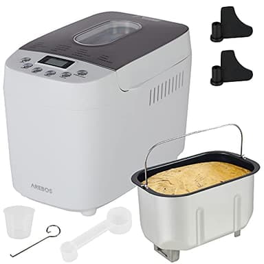 AREBOS Panificadora 1500 g | con 15 programas | 2 ganchos para amasar | temporizador | pantalla LCD | 3 niveles de tostado y tamaños de pan | 850 W | Blanco