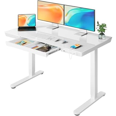 ErGear Mesa Elevable Eléctrica, 120 x 60 cm, Mesa Escritorio de Vidrio Altura Ajustable con Cajón y 2 Puertos de Carga, 3 Memorias, Mesa Oficina para Hogar (Tablero Vidrio Blanco + Marco Blanco)