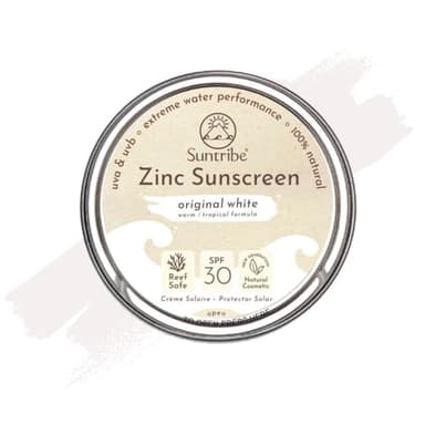 Protector Solar Natural Mineral Zinc FPS 30 Suntribe - 45 g, Blanco Original, Ecológico - 100% Natural, Seguro para Arrecifes - Surf & Deporte - Filtro UV Mineral - Muy Resistente al Agua