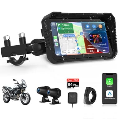 4K Carplay Android Auto Moto con Dashcam, 6.25 Pulgadas Carplay Pantalla GPS Dashcam Motocicleta IP67 Pantalla Táctil Impermeable, Navegación Doble Bluetooth Control de Voz 64G TF