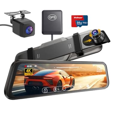 Dashcam Coche Retrovisor 4K, 10" Pantalla Táctil Camara Vigilancia Coche con Tarjeta SD 64GB, 170°, Visión Nocturn, GPS, G-Sensor, Asistencia en Reversa, Monitor de Aparcamiento, Grabación en Bucle