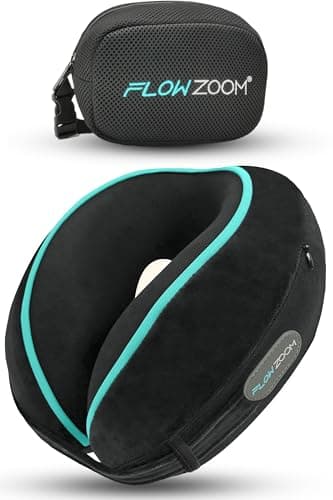 FLOWZOOM Dream Almohada de Viaje - Cojín de Cuello Ajustable y Lavabile - 360 Grados de Supporte Que Alivia Tensión Cervical - Cojín de Viaje Viscoelástica Avión, Coche y Tren - Negro