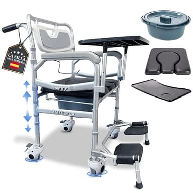 Silla Ducha con Ruedas, Reposapiés Plegable y Bandeja Extraíble - Alzador WC Adulto - Silla Ducha Personas Mayores - Silla Orinal para Personas Mayores - Silla WC Personas Mayores - Silla WC