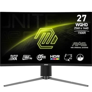 MSI mag 27CQ6PF Monitor Curvo Gaming WQHD 27 Pulgadas, 1500R 2560 x 1440 Rapid VA Panel, 180 Hz / 0.5ms (GtG, Min.), Adaptive-Sync, DP 1.4a, HDMI 2.0b CEC