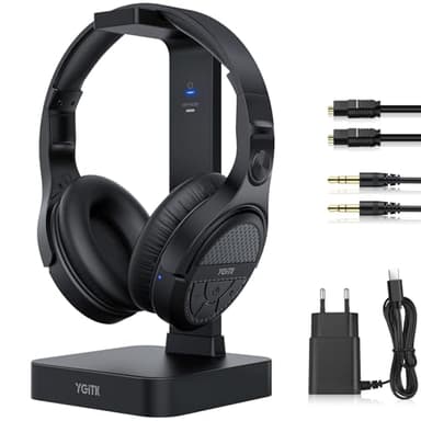 YGiTK Auriculares Inalámbricos 2.4GHz para TV con Base de Carga y Alcance de 33 Metros Entradas Óptica/RCA/AUX/3.5mm Sin Demora de Audio y Play y Plug Ideales para Personas Mayores Televisores,etc.