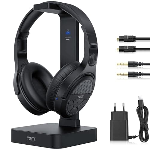 YGiTK Auriculares Inalámbricos 2.4GHz para TV con Base de Carga y Alcance de 33 Metros Entradas Óptica/RCA/AUX/3.5mm Sin Demora de Audio y Play y Plug Ideales para Personas Mayores Televisores,etc.
