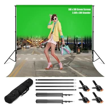 Green Screen con Soporte, Pantalla Verde (3 x 3 m) con Soporte de Fondo Ajustable (2,6 x 3 m) y 4 Abrazaderas de Fondo para Toma de Fotos Transmisión de Video de Juegos