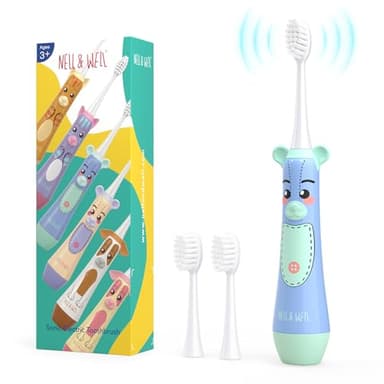 NELL&WELL Cepillo de dientes eléctrico para niños, temporizador de 2 minutos, 3 modos con memoria, impermeable IPX 7, cepillo de dientes para niños con 3 cabezales de cerdas suaves para niños y niñas