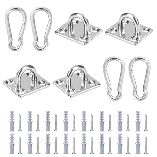 Jesustree 4 Placa de Ojo y 4 Mosquetón Clips De Acero Inoxidable, Pared Gancho de Techo Anclajes de Pared con Tornillos para Cámping, Senderismo, Escalada, Yoga y Hamacas