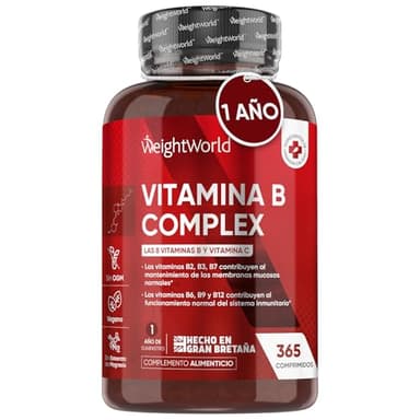 Vitamina B Complex con Vitamina C B1, B2, B3, B5, B6, B12, B7 (Biotina), B9 (Ácido Fólico) - Complejo B Completo de Alta Potencia y Concentración, 365 Comprimidos Veganos para 1 Año de Suministro