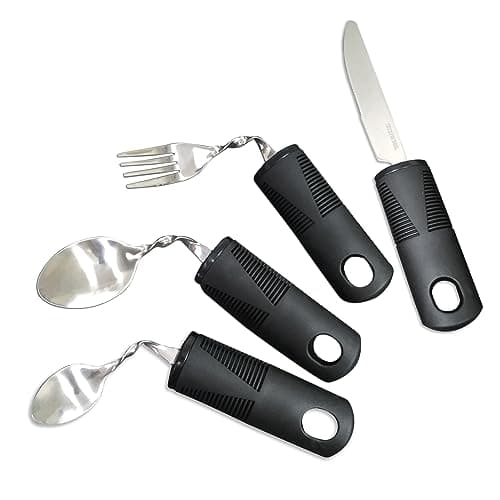 Cubiertos para Parkinson Seniors Discapacitados – Juego de herramientas con cuchillo cuchara tenedor para zurdos, cuchara curvada, mango engrosado, para niños, artrosis, reumatismo, personas