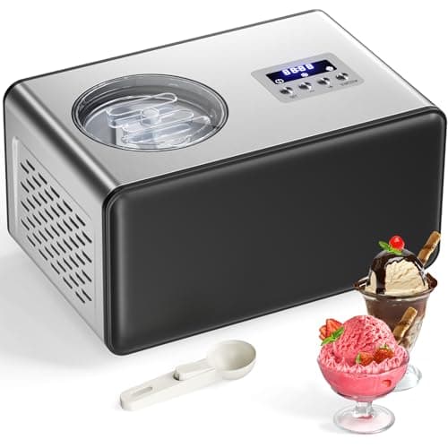 Máquina Para Hacer Helados con Compresor 2L, Heladera Eléctrica, Heladera Profesional, 150W, Panel de Control Botones, Cubo de Aluminio Extraíble, Receta & Cuchara, No Requiere Precongelación