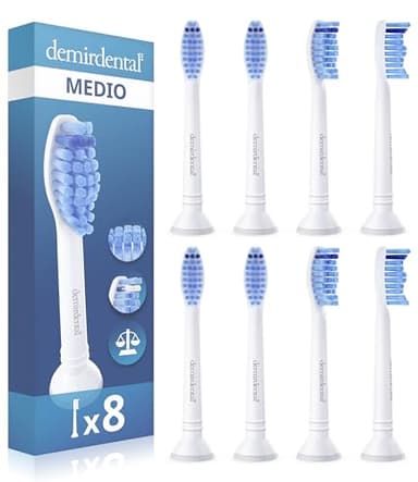 Pack con 8 cabezales demirdental compatibles con los recambios de Philips Sonicare, cepillos de dureza media, corresponde a HX6018