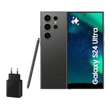 Samsung Galaxy S24 Ultra y Cargador 45W, Teléfono Móvil con IA, Smartphone Android, 12 GB RAM, 256 GB Almacenamiento, Cámara 200MP, S Pen, Batería Larga Duración, Negro Titanium (Versión Española)